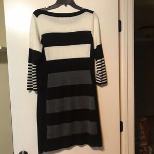 Studio One Sweater Dress SzL Blk/Gray/Wht Stripe Side Panels 3/4 Sleeve Used